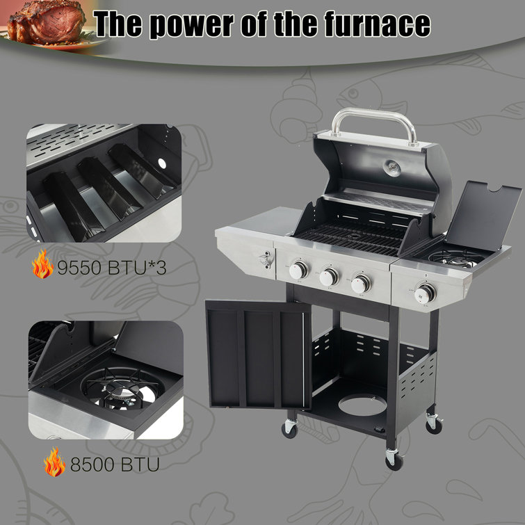 Stainless Steel 3-Burner Propane Gas Grill with Side Burner