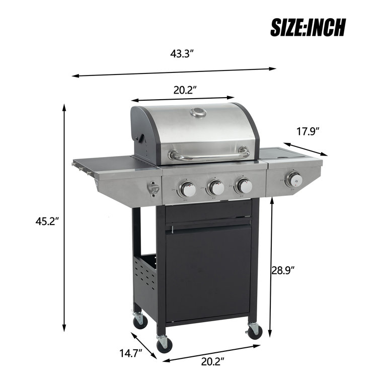 Stainless Steel 3-Burner Propane Gas Grill with Side Burner