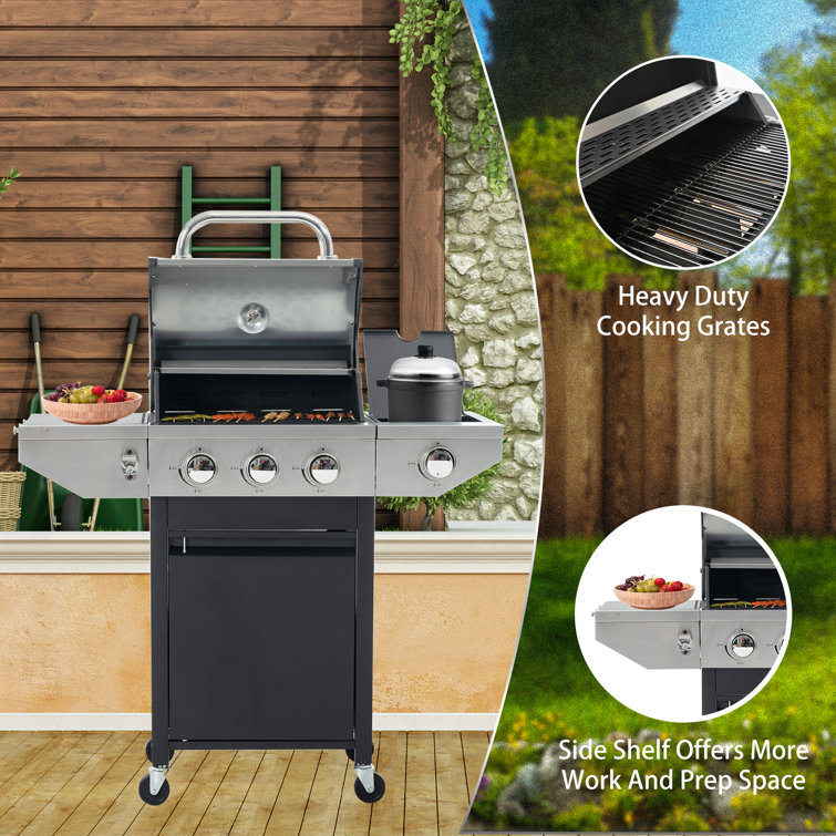 Stainless Steel 3-Burner Propane Gas Grill with Side Burner