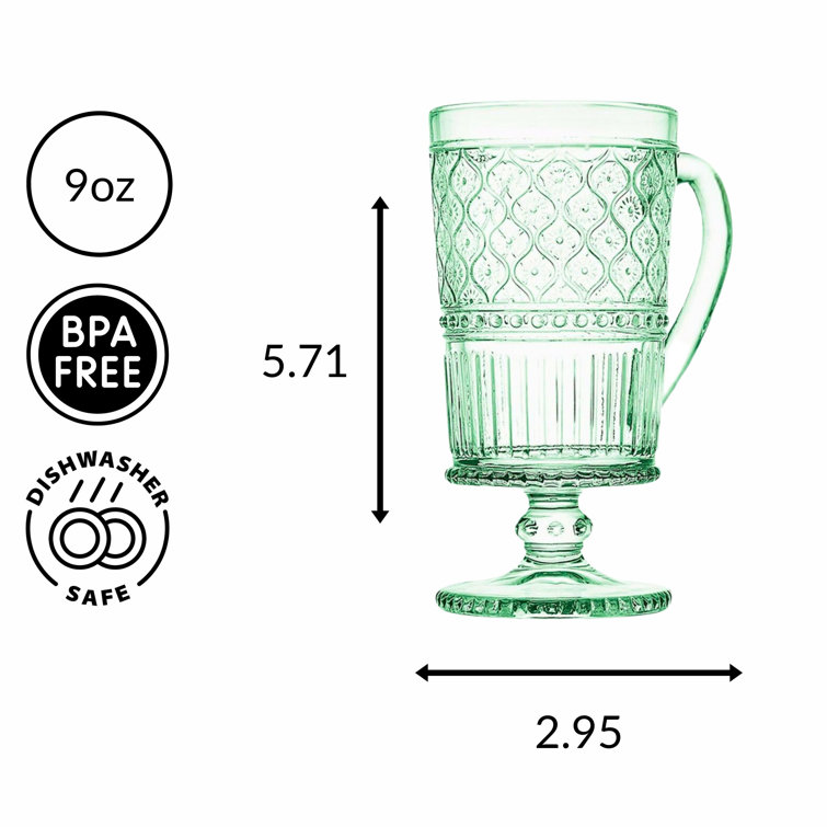 Claro Green Embossed Crystal Footed Coffee Mugs, Set of 4