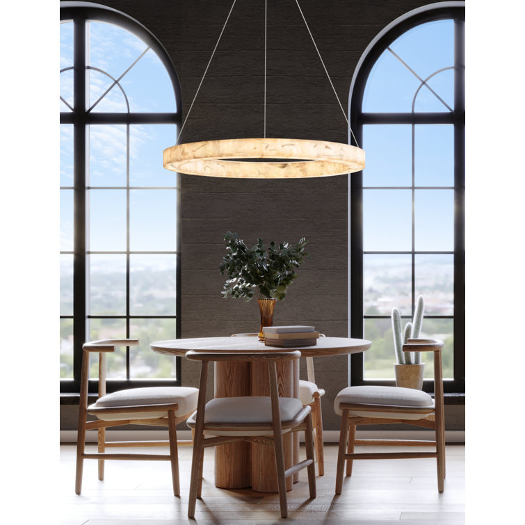 Brushed Brass LED Ring Pendant with Faux Alabaster Shade