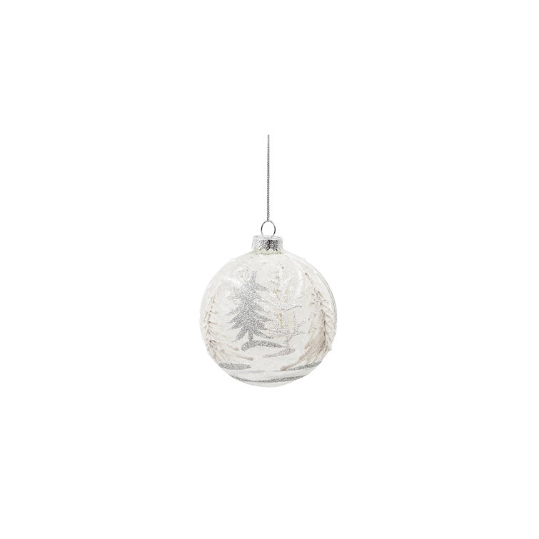 Set of 6 White and Silver Glass Tree Pattern Ornaments