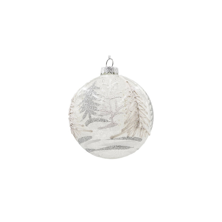 Set of 6 White and Silver Glass Tree Pattern Ornaments