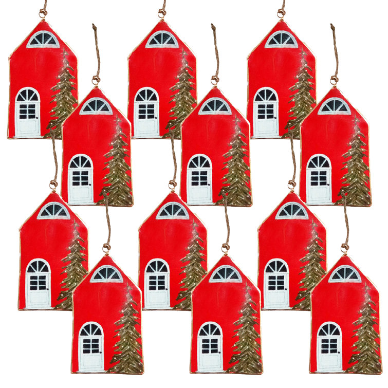 Red Iron and Jute Christmas House Hanging Set of 12