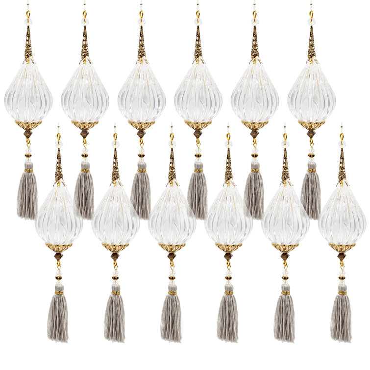 Clear and Silver Acrylic Drop Ornaments with Polyester Tassels, Set of 12