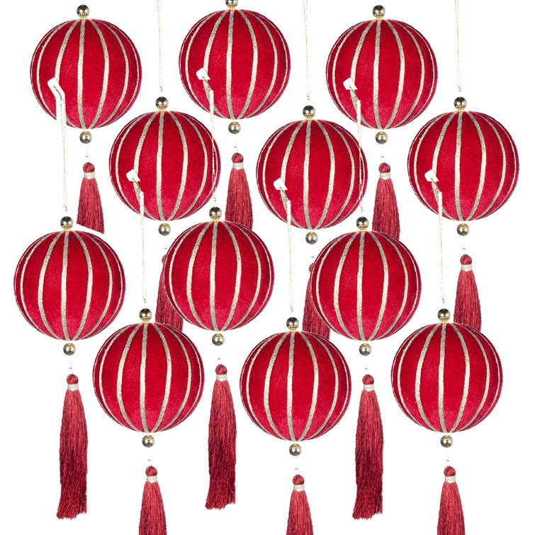 Set of 12 Red and Gold Fabric Hanging Ornaments with Tassels
