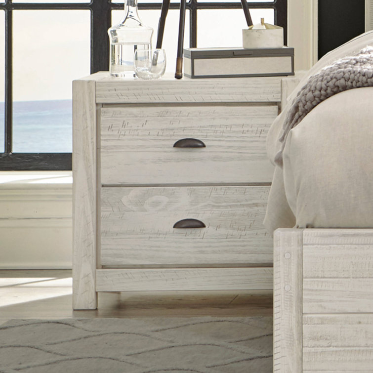 Rustic Off-White Solid Pine 2-Drawer Nightstand