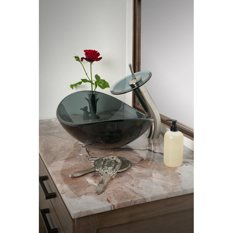 Brushed Nickel Single Handle Waterfall Vessel Faucet with Smoke Glass