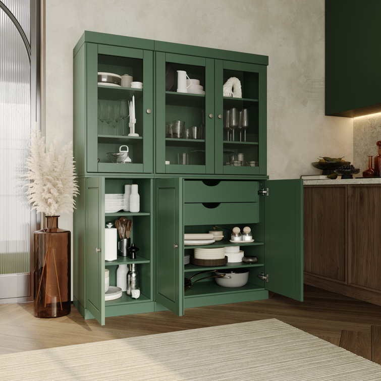 Green Solid Wood China Cabinet with Clear Glass Doors and Adjustable Shelves