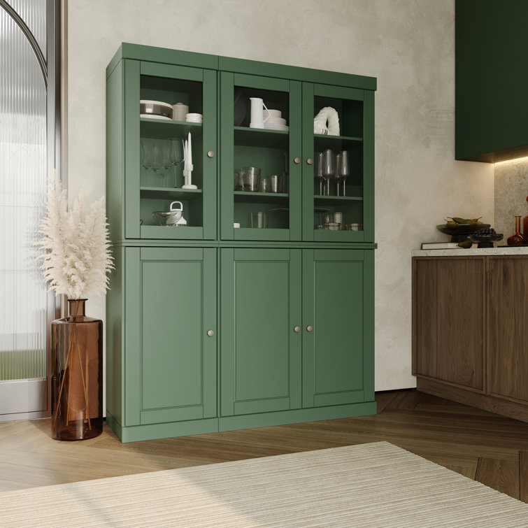 Green Solid Wood China Cabinet with Clear Glass Doors and Adjustable Shelves
