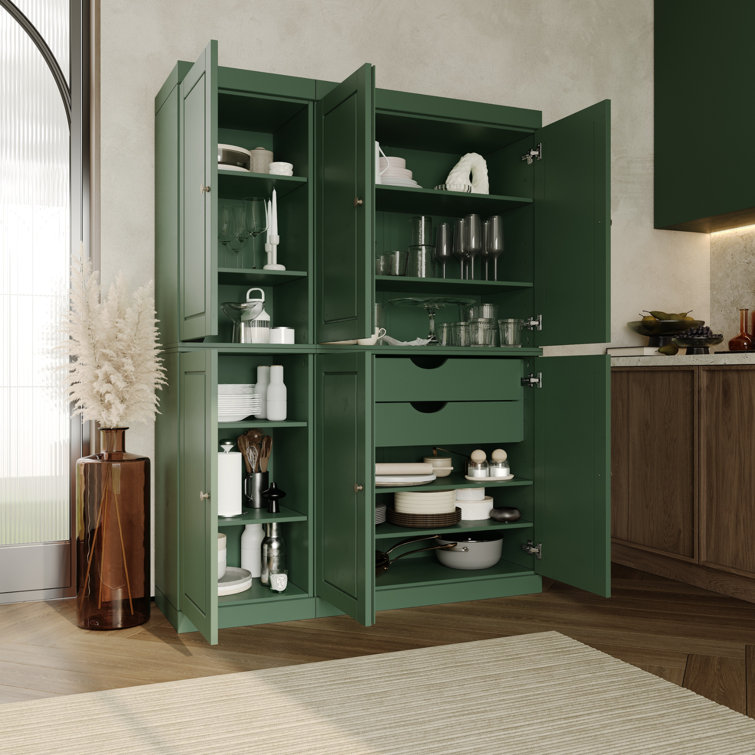 Green Solid Wood Raised Panel Pantry Cabinet with Adjustable Shelves
