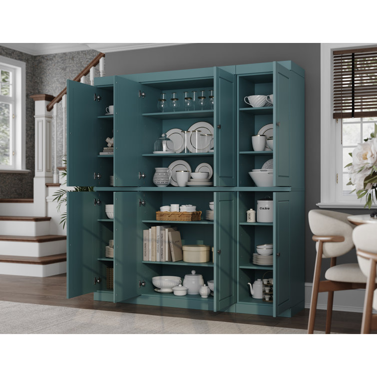 Aqua Raised Panel Solid Wood Pantry Cabinet with Adjustable Shelves