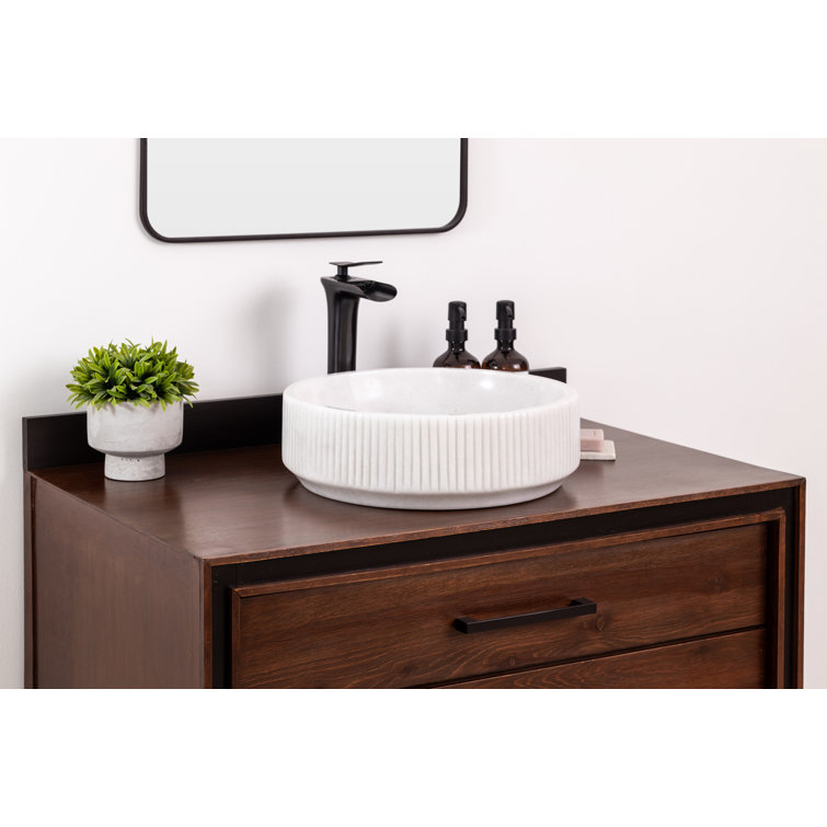 Circular White Marble Vessel Bathroom Sink with Fluted Exterior