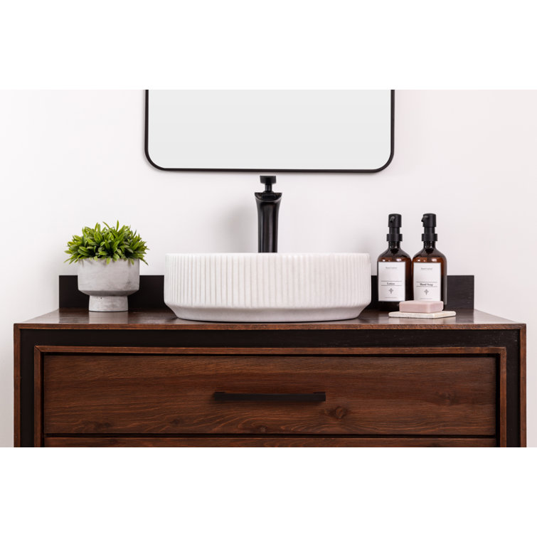 Circular White Marble Vessel Bathroom Sink with Fluted Exterior