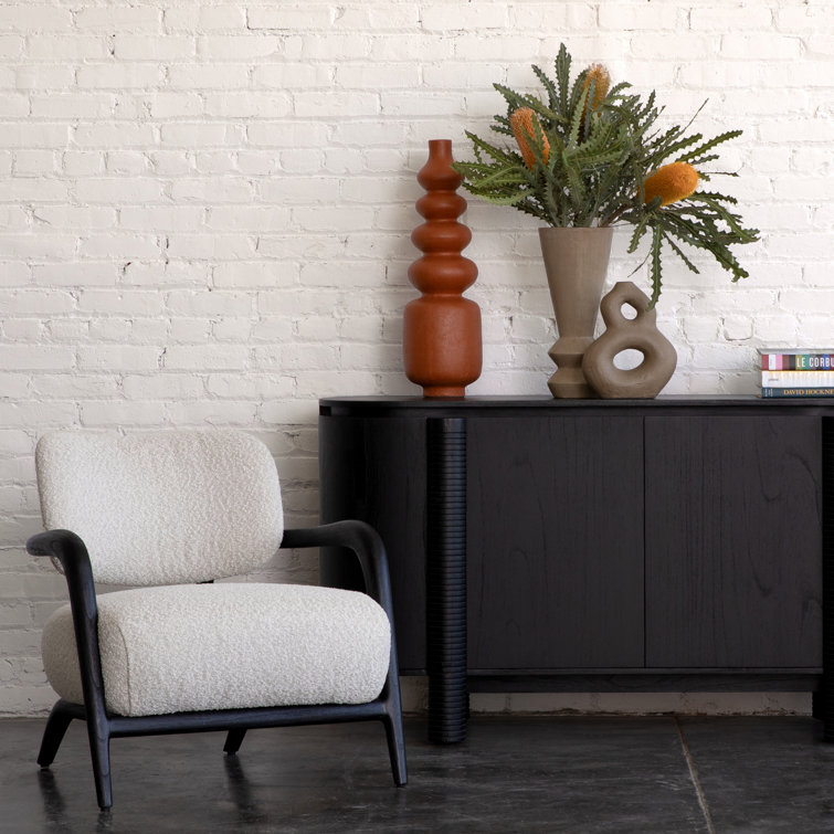 Ivory Chenille Upholstered Armchair with Solid Wood Frame