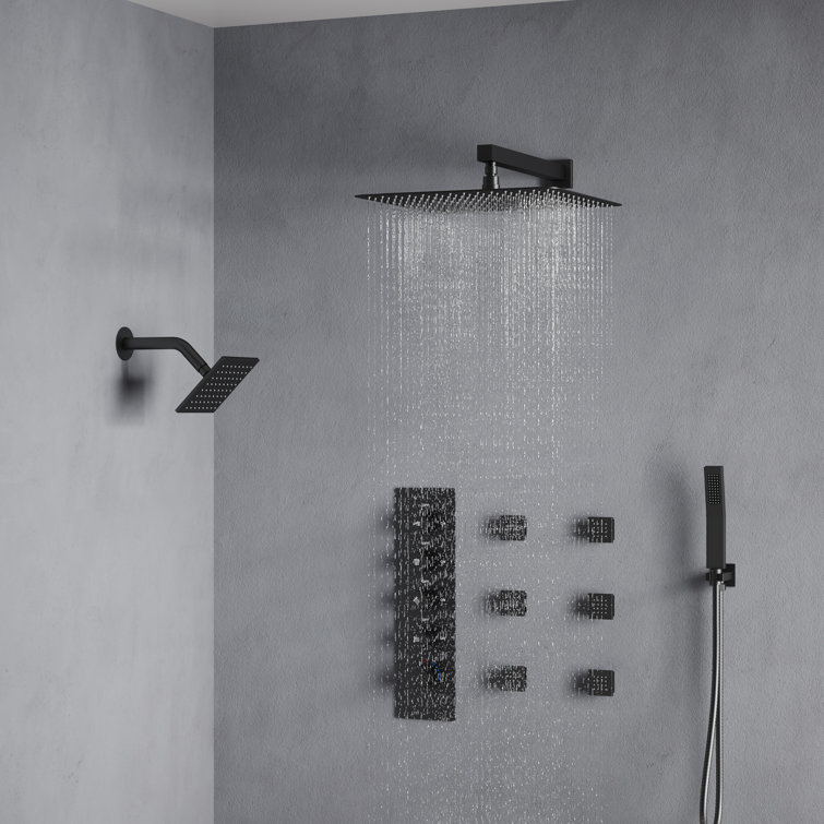 Matte Black Dual Shower Head System with Thermostatic Valve and Body Jets