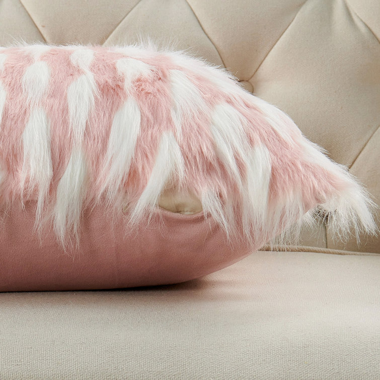 Pink and White Faux Fur Embroidered Euro Pillow Covers, 20" x 20"