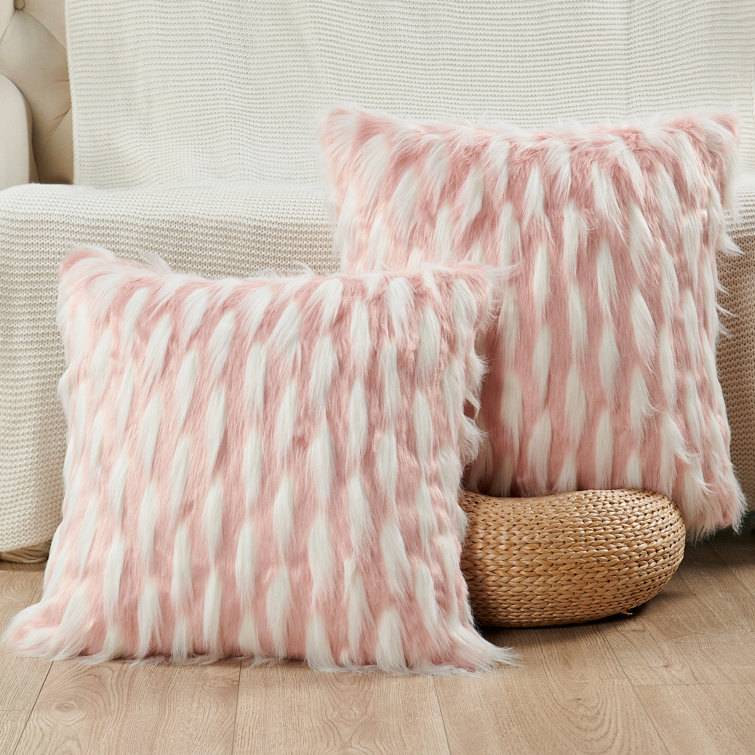 Pink and White Faux Fur Embroidered Euro Pillow Covers, 20" x 20"