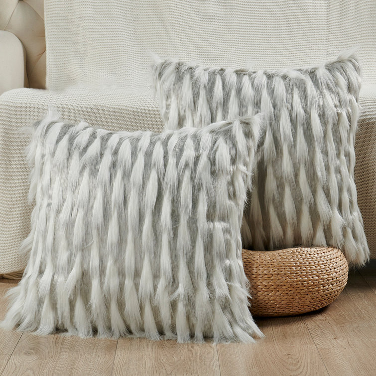 Gray and White Faux Fur Embroidered 20" Pillow Covers
