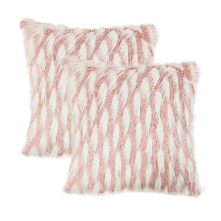 Pink and White Faux Fur Embroidered Euro Pillow Covers, 20" x 20"