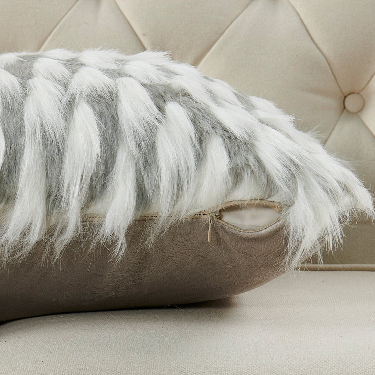 Gray and White Faux Fur Embroidered 20" Pillow Covers