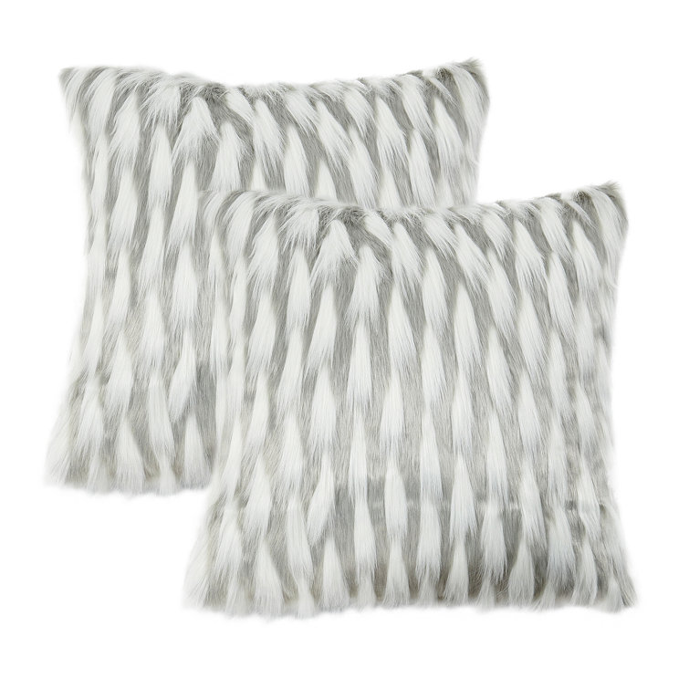 Gray and White Faux Fur Embroidered 20" Pillow Covers