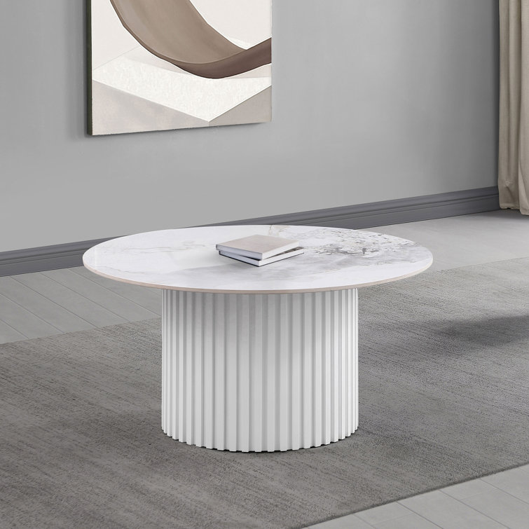 Rowena Round White Faux Marble and Wood Coffee Table