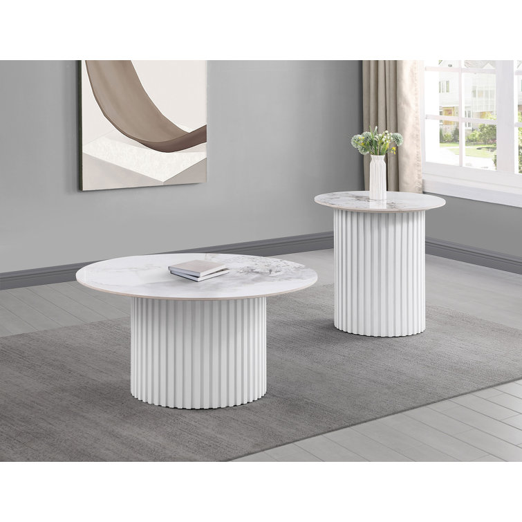 Rowena Round White Faux Marble and Wood Coffee Table