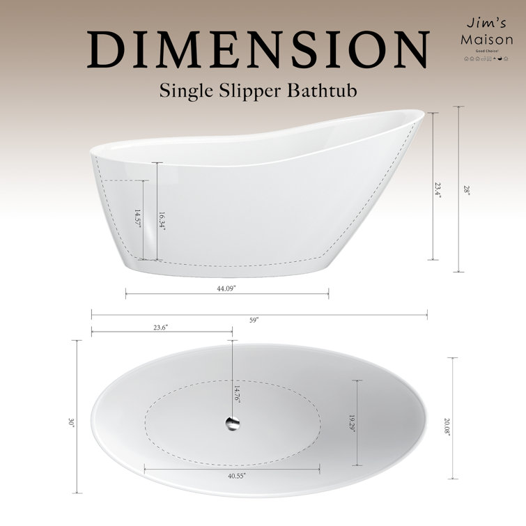 60'' White Acrylic Freestanding Slipper Soaking Bathtub