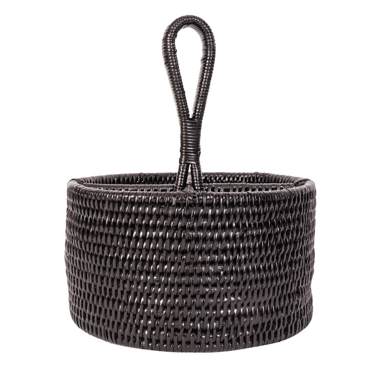 Tudor Black Round Rattan Flatware Caddy