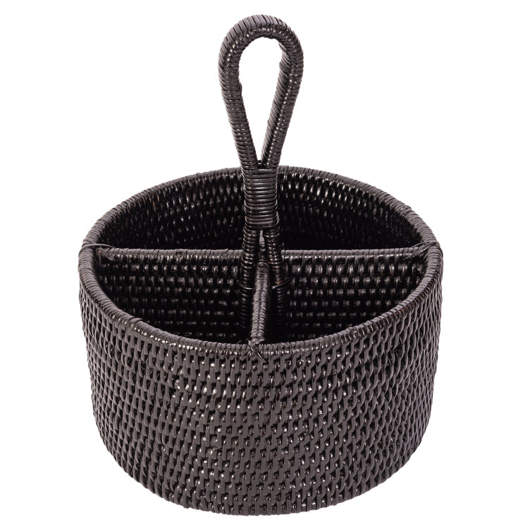 Tudor Black Round Rattan Flatware Caddy