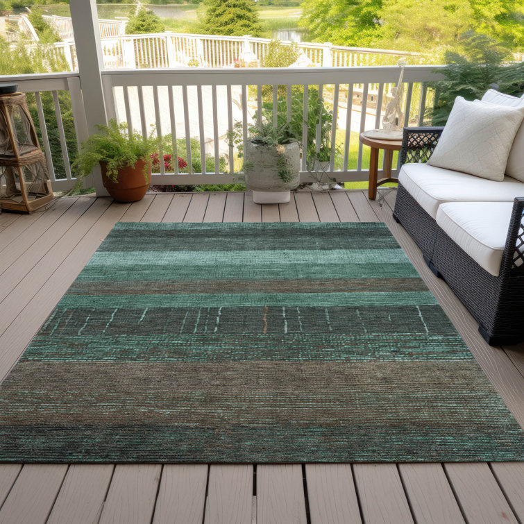 Teal and Brown Striped Synthetic 10' x 14' Flat Woven Rug