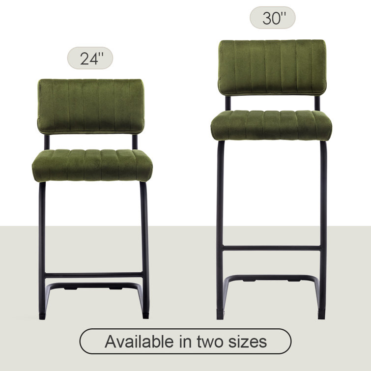 Olive Green Velvet Upholstered Bar Stools with Steel Frame, Set of 2