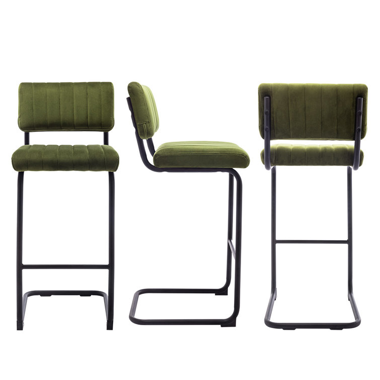 Olive Green Velvet Upholstered Bar Stools with Steel Frame, Set of 2