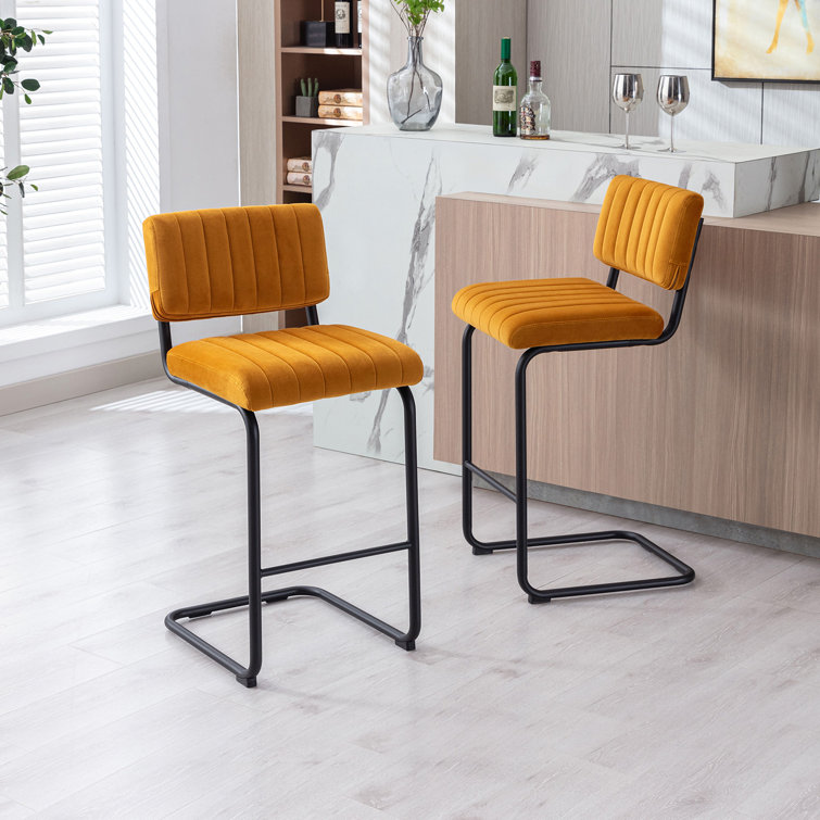 Orange Velvet Upholstered Counter Stools with Steel Frame, Set of 2