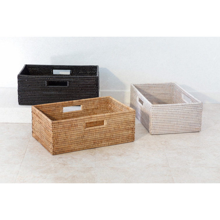Handmade White Wash Wicker Rectangular Storage Basket with Handles