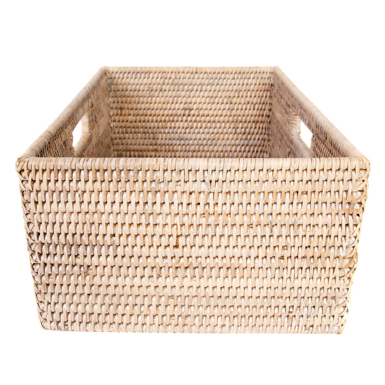 Handmade White Wash Wicker Rectangular Storage Basket with Handles