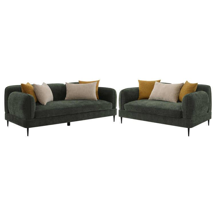 84" Green Chenille Sofa and Loveseat Set with Accent Pillows