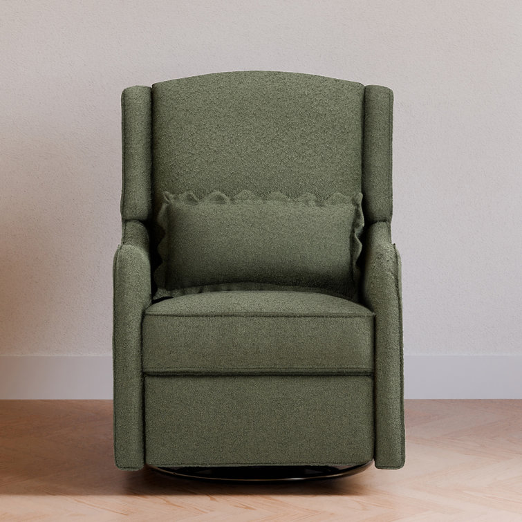 Olive Boucle Swivel Recliner with Wood Base