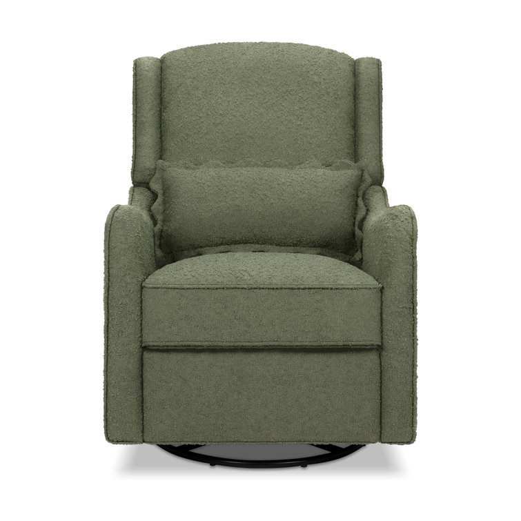 Olive Boucle Swivel Recliner with Wood Base