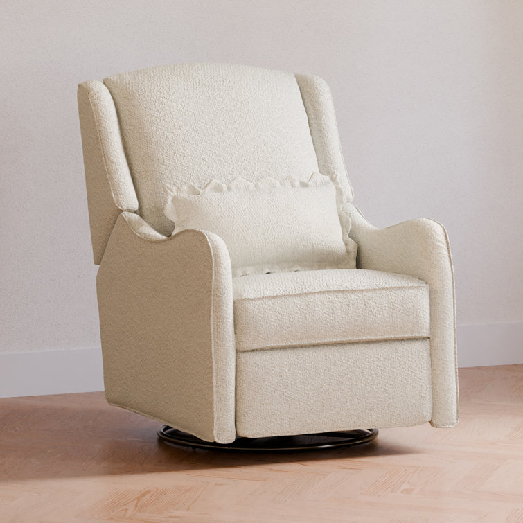 Ivory Boucle Swivel Recliner with Wood Base