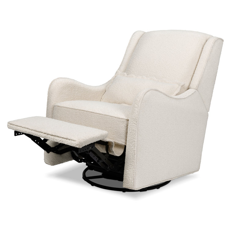 Ivory Boucle Swivel Recliner with Wood Base