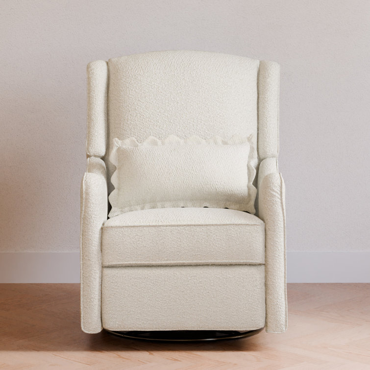 Ivory Boucle Swivel Recliner with Wood Base