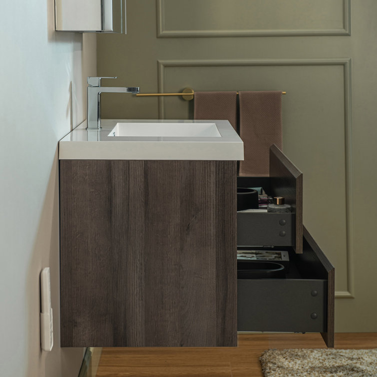 29.5" Grey Oak Composite Floating Vanity with White Resin Top