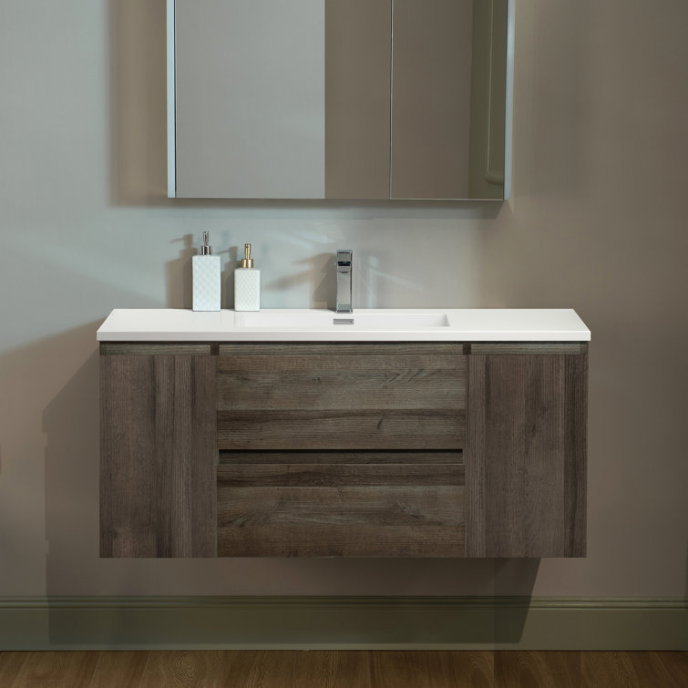 47" Gray Oak Wall-Mounted Floating Vanity with White Resin Top