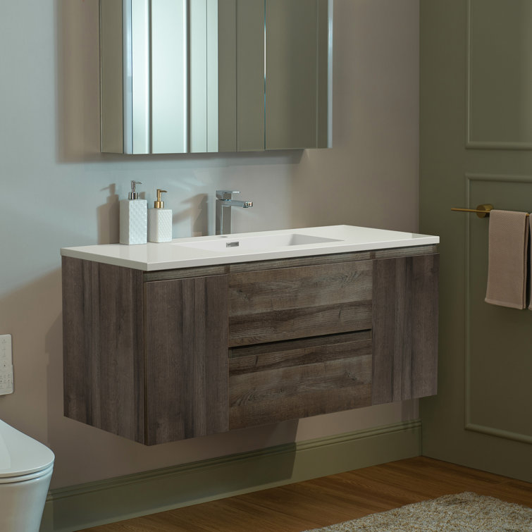 47" Gray Oak Wall-Mounted Floating Vanity with White Resin Top