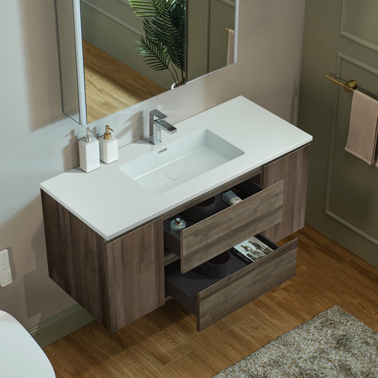 47" Gray Oak Wall-Mounted Floating Vanity with White Resin Top
