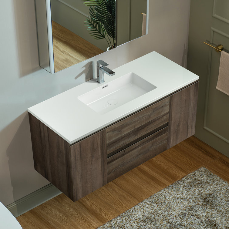 47" Gray Oak Wall-Mounted Floating Vanity with White Resin Top