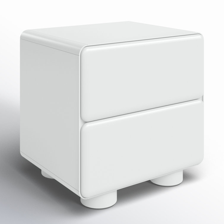 White Glossy Solid Wood 2-Drawer Nightstand