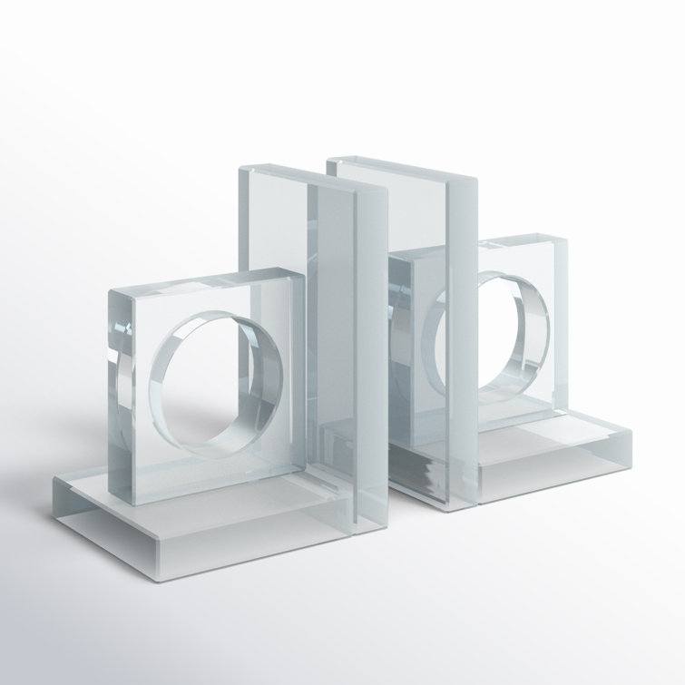 Clear Glass Geometric Non-Skid Bookends with Circle Cut Outs
